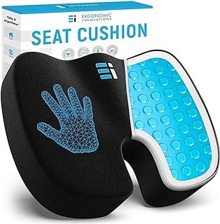 ERGONOMIC INNOVATIONS Memory Foam Seat Cushion for Pressure Relief - Gel Enhanced Coccyx Cushion for Tailbone Pain - Lower Back Support, Sciatica Seat Cushions, Office Chair Cushion for Long Sitting