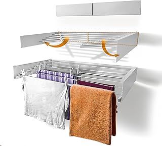 LiJoUK Wall Mounted Clothes Drying Rack White Retractable Clothes Dryer, Foldable Towel Hanger 100CM Wide - 6 x 1m Aluminium Rail - Indoor & Outdoor