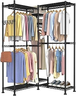 VyGrow Heavy Duty Clothes Rack, L Shaped Garment Rack for Corner, Metal Freestanding Clothing Rack, Adjustable Wardrobe Closet with 5 Hang Rods & 7 Shelves, 69.7" L x 13.4" W x 76.8" H, Black