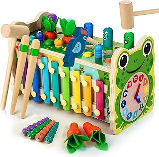 6-in-1 Wooden Montessori Toys for 1 Year Old Whack a Mole Game Hammering Pounding Toy with Xylophone Carrot Harvest Game Learning Developmental Toys Toddler Activities Toys Ages 1 2 3 4