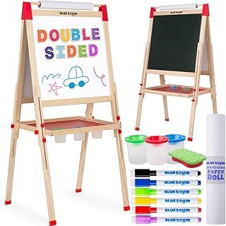 Blue Squid Art Easel for Kids - Dual-Sided Adjustable Wooden Painting Easels, Ideal for Toddlers, Children - with Magnetic Chalk Board, White Board & Paper Roll, Includes Accessories