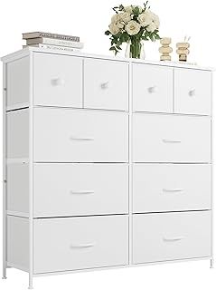 Nicehill Dresser for Bedroom with 10 Drawers, Storage Drawer Organizer, Tall Chest of Drawers for Closet, Clothes, Kids, Baby, Living Room, Wood Board, Fabric Drawers, White