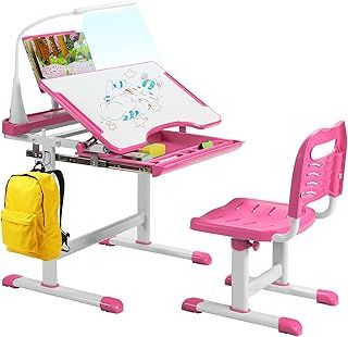 Children's Desk and Chair Set, Height Adjustable Kids Table with Chair, Tilt Desktop, LED Light, Storage Drawer & Book Stand, Study Furniture Set for Girls Boys (Pink)