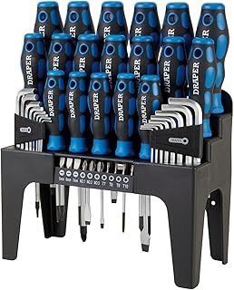 Draper 44 Piece Precision Screwdriver Hex Key and Bit Set | Soft Grip Drivers Hand Tools | DIY and Professional Kit | Tool Stand | Magnetic Tips | 81294