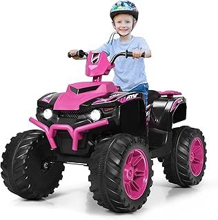 Kids Electric Quad Bike, Children Ride On ATV with Bluetooth, Lights, Music, Horn, High/Low Speeds and Slow Start, 12 V Battery Powered Toy Car for 3-7 Years Boys Girls (Pink)