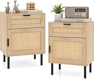 COSTWAY Rattan Bedside Tables Set of 2, Wooden Nightstand Sofa Side Table with Drawer & Cabinet, Solid Metal Legs Bedside Cabinet Accent End Table for Living Room Bedroom, 45x30x59cm (Natural)