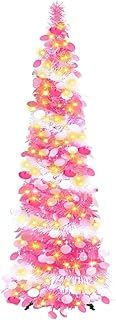 Collapsible Artificial Christmas Tree, 5ft/ 1.5m Christmas Tinsel Tree with 100LED Lights, Pop up Large Sequins Artificial Tree for Xmas Holiday Party Carnival Decorations (Pink&White)