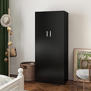 Wooden 2 Door Wardrobe with Shelf and Hanging Rail Modern Clothes Storage Cupboards Unit for Bedroom Furniture W 72 x D 49 x H 169 cm (Black)