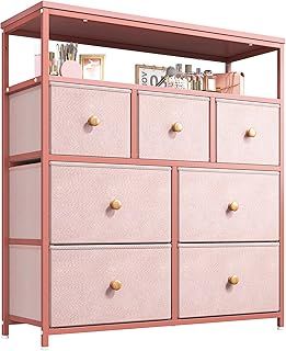 EnHomee Chest of Drawers Bedroom, 2 Tier Wooden Shelf with 7 Fabric Drawers, Dresser Easy to Assemble, Tall Chest of Drawers for Closet, Nursery, Living Room, Black Grey