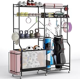 COSTWAY Sports Equipment Organizer, Metal Ball Storage Rack with Wheels, Yoga Mat Holder, 5 Adjustable Shelves, Basket and Hooks, Extra Large Golf Bag Holder
