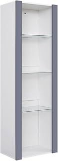 LED Tall Display Cabinet with Glass Shelf,High Gloss Fronts Living Room Cupboard Display Unit Cabinet Sideboard Free Standing Bookcase Storage(White&Grey)