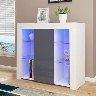 Panana Sideboard Cupboard Unit 4 Glass Shelves Cabinet RGB LED Lighted (Gray)