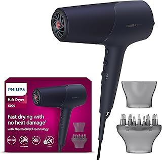 Philips Hair Dryer 5000 Series, ThermoShield Technology, Ionic, with Nozzle and Hair Diffuser, 2300W, Model BHD510/03