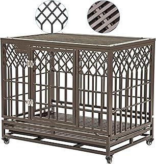 SMONTER 38" Heavy Duty Dog Crates Indoor & Outdoor Dog Cage Strong Metal Pet Kennel Playpen with Two Prevent Escape Lock and Locking Wheels