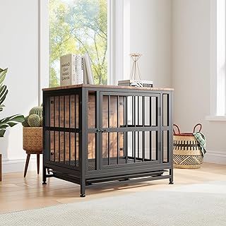 27.56" Wooden Dog Crate Furniture,Dog Kennel Indoor,Heavy Duty Dog Cage,Dog House with 2 Doors Removable Tray,Side End Table,Chew-Resistant,Rustic Brown