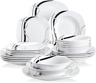 VEWEET 'Fiona' 24-Piece Dinner Set Ivory White Black Lines Combination Sets Porcelain Tableware Set of Bowls/Dessert Plates/Soup Plates/Dinner Plates, Service for 6