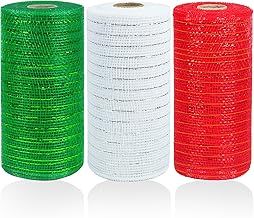 tenn well 3 Rolls Poly Mesh Ribbon for Wreath Making, 6 Inch x 10 Yards Red Green White Stripe Deco Mesh Ribbon Rolls for Christmas Tree Decoration and Swags