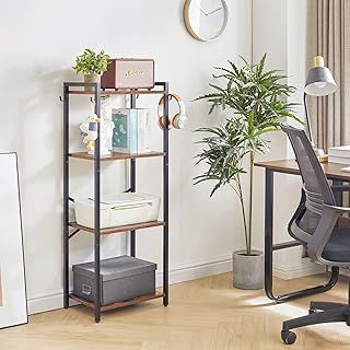 YMYNY Bookcase, 4 Tier Storage Rack, Plant Rack, Steel Frame, for Living Room, Office, Study, Hallway, Industrial Style, Rustic Brown and Black HBC004H
