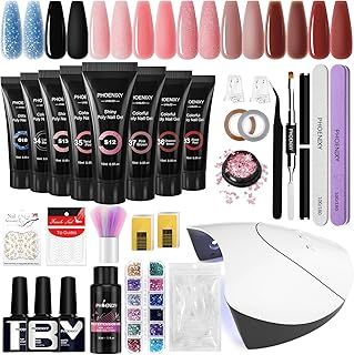 Poly Nail Gel Kit, Phoenixy 8 Colors 15ml Poly Nail Gel Set with Nail Lamp Poly Nail Builder Extension Gel Nail Kit, Slip Solution and Base Top Coat Gel Nail Kit Gift for Women