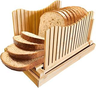 ABN Finest Bread Slicer Board Cutter Slicing Guide for Homemade Loaf - Bamboo Wooden Cake Bagel Pastry Cutting with Adjustable Thickness Crumb Catcher Containers Foldable Compact
