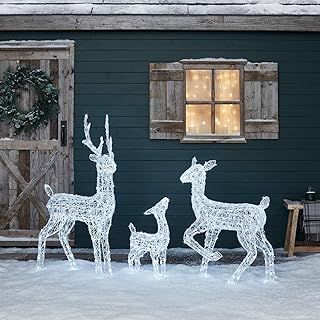 Lights4fun Christmas Outdoor Set of 3 Reindeer Stag, Doe & Fawn Light Up Acrylic Figures Garden Decoration 540 White LEDs Plug In with Timer