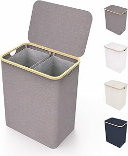 LONBET 150L Double Laundry Basket with Lid and Sturdy Bamboo Frame - Aesthetic Laundry Hamper with Side Handles, Made from Breathable Fabric - Laundry Bin with Removable Bag, Clothes Basket Grey