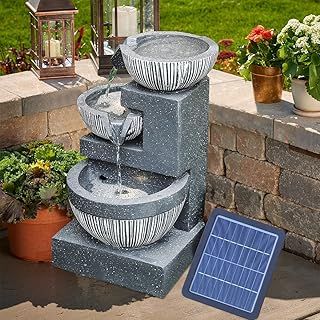 Garden Water Feature Decorate Cascading Tiered Water Fountain Pump Waterfall with LED Lights Indoor/Outdoor, Solar Powered, 3 Bowls