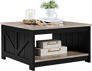 Yaheetech Wood Coffee Table, Square Coffee Table for Living Room, Tea Table with Storage Shelf for Home Office, 80×80×45 cm, Grey