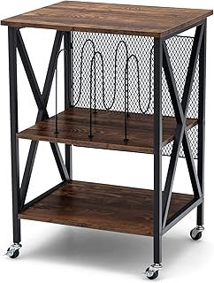 CASART Rolling End Table, 3 Tiers Wooden Record Player Stand with Wheels, X Shaped Steel Frame Sofa Side Table Narrow Classic Turntable Stand for Living Room Bedroom (without Charging Station, Brown)