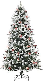 HOMCOM 6FT Artificial Snow Dipped Christmas Tree Xmas Pencil Tree Holiday Home Party Decoration with Foldable Feet Red Berries White Pinecones, Green