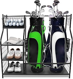 Swing Sports Golf Bag Stand - 37.6in Double Golf Bag Storage Rack for Garage with Golf Accessories Organizer Shelves