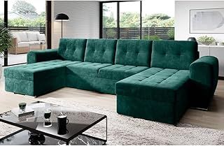 MODERNO Bari Living Room Landscape Sofa with Sleep Function Couch U-Shape Sofa Bed with Bed Box Corner Sofa Bed Modern Living Room Furniture Corner Couch Velour Fabric Quilted Sofa Green