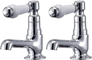 Basin Pillar Taps Pair Mixers Victorian Traditional Twin Bathroom Sink Tap White Ceramic Lever Two Cloakroom Tap Chrome 2 Holes Mono Hot and Cold Water G1/2’’