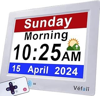 Véfaîî Newest, Dementia Clock with British DST Adjustment, 30 Alarms & Custom Reminders, Sleep Trainer, Calendar Day Clock with Large Display for Memory Loss, Alzheimer's, with Remote Control