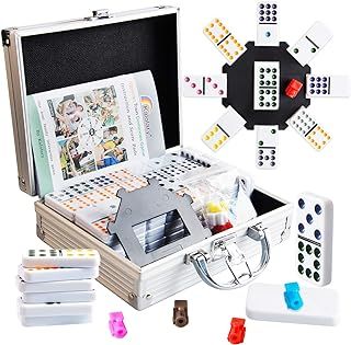 Kalolary Double 12 Mexican Train Dominoes, 91 Tiles Number Dominoes Games in an Aluminum Case with 9 Trains Instruction Booklet Score Pads and Octagon Shape Hub Office Family Party Table Game