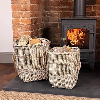 CHARLES BENTLEY Log Baskets, Snug, Set Of Two, Fabric Lined, Wicker Log Baskets, Storage, Handmade, Nesting Rope Handles, Stackable, Practical, Square Shape, Willow Wicker, Polyester, Cotton (40x40cm)