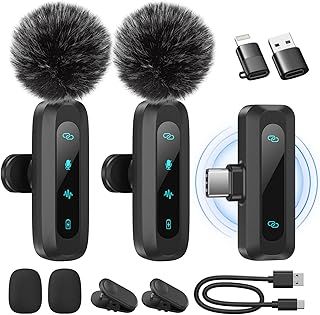 Wireless Lavalier Microphone for iPhone, iPad, Android Phone, 2-Pack Mini Microphone with Noise Reduction, Auto Pairing and Mute & Reverb for Vlogging, Video Recording, TikTok, YouTube - Plug & Play