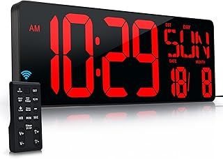 Large Digital Wall Clock with Remote Control 17.2" LED Large Display Timer with Temperature Date Week Auto DST Adjustable Brightness, Big Wall Alarm Clock for Living Room Office Garage Gym Seniors