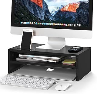 Wood Monitor Desk Stand Riser with Smartphone Holder, Cable Management, Ergonomic for Laptop, Computer, Notebook, iMac, PC, 2 Tiers Black (W420 x D235 x H142mm)