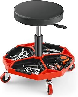 Pneumatic Rolling Mechanic Stool, Adjustable Roller Seat with Removable Tool Tray and 4 Universal Casters, Swivel Padded Chair for Garage Workshop Auto Repair Shop