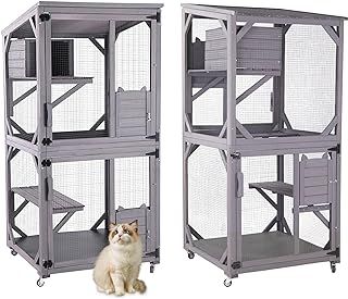 Cat House Outdoor Cage Cat Enclosure on Wheels,Large Wooden Kitty Catio with Resting Box,PVC Layer