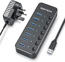 RSHTECH USB Hub Powered 7 Port USB 3.0 Data Hub Aluminum USB Extension Splitter with Individual On/Off Switch Universal AC to DC 5V Power Adapter (RSH-518)