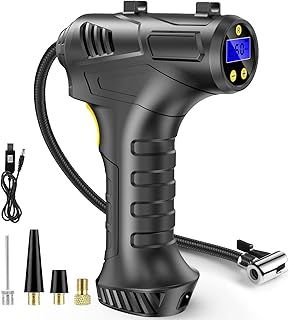 Petrinda Cordless Tyre Inflator Air Compressor, 12V USB Rechargeable Battery 150PSI Portable Car Tyre Pump, Electric Digital Tyre Pump with LED Light and 3 Nozzle Adaptors for Car Motorcycle Bicycle