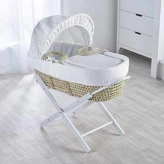 White Waffle Palm Moses Basket with Folding Stand White, Adjustable Hood, Fibre Mattress & Padded Liner