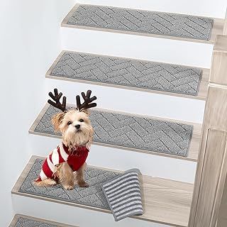 BEQHAUSE Stair Treads Non Slip Stair Runners Step Carpet Mat for Wooden Steps Indoor Machine Washable 22x70cm Edging Polyester Soft Stair Rugs for Kids Elders Pets with TPE Backing (Grey,4pcs)