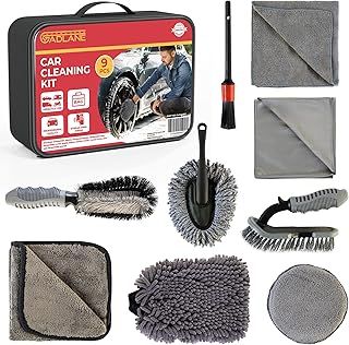 GADLANE 9 Piece Car Cleaning Kit With Storage Bag Includes Upholstery Brush, Detailing Brush, Microfibre Pad, Microfibre Cloth, Wheel Brush, Drying Towel, Glass Cloth, Mitt, Microfibre Duster