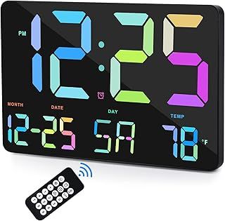 11.5" Digital Clock Wall Clock, Large Digital Wall Clock with Remote Control, Digital Alarm Clock with Date, Day, Temperature, Colour Figures,12/24H, Wall Clocks for Living Room Office School Gym