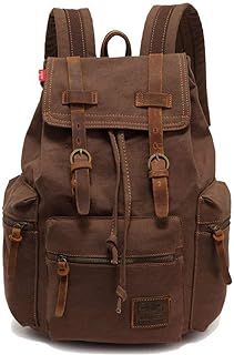 Vintage Canvas Leather Backpack Unisex Casual College Bag Hiking Bag 15.6-inch Laptop Business Backpack Canvas Rucksack, Coffee