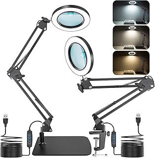 2-in-1 Magnifying Glass with Light and Stand, 15X 10X LED Magnifying Lamp with Clamp and Base, Desk Magnifier with 3 Color Modes for Hobby Crafting, Workstation Reading Lamp