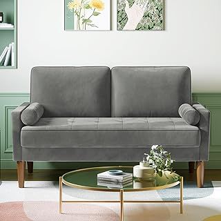 Vesgantti Small 2 Seater Sofa Grey, Comfy Sofa Couch with Spring Cushion, Velvet Sofa with Wood Legs, Modern Love Seat Sofa, Sofa 2 Seater for Living Room, Small Sofa for Bedroom, Grey Office Sofa